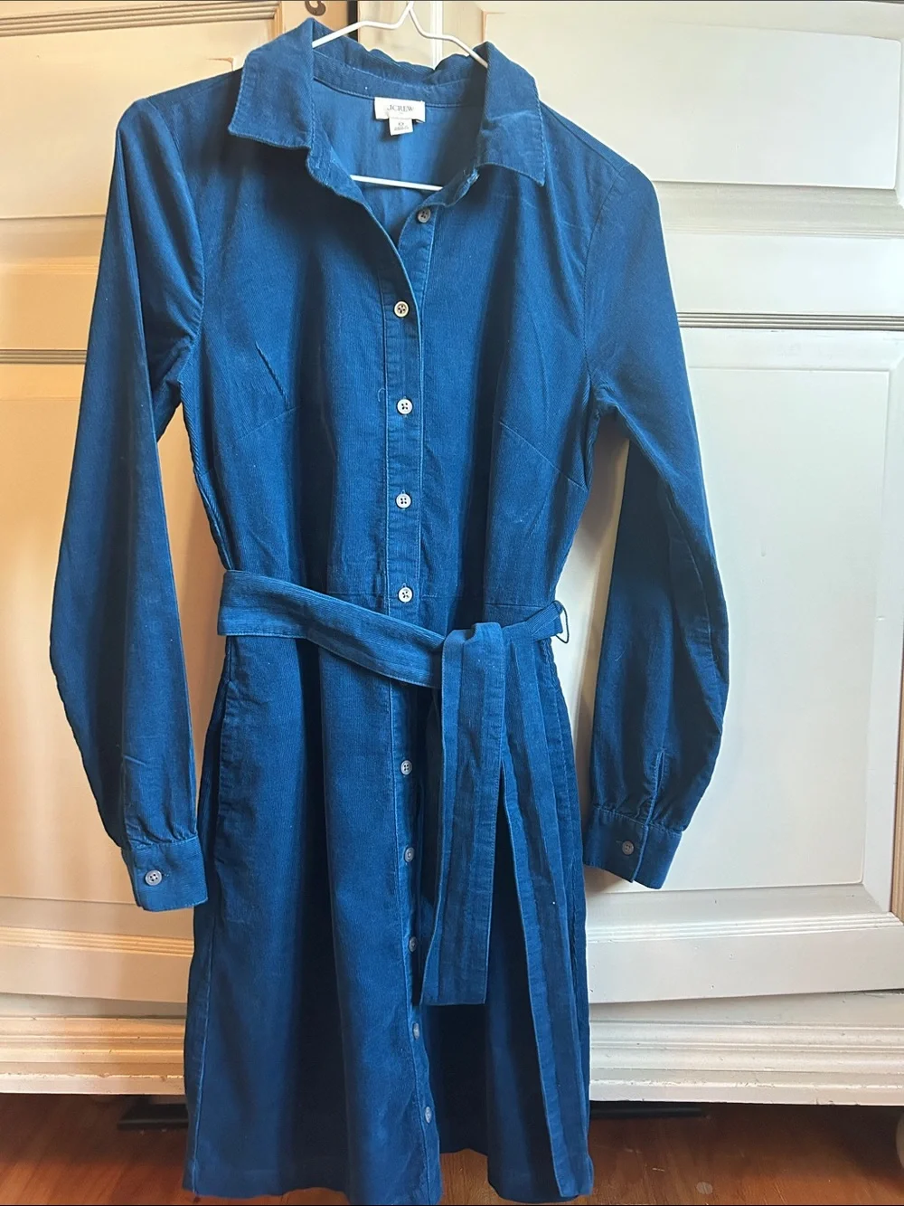 J. Crew Deep Blue fine corduroy Long-Sleeve Button-Up Dress with Tie Belt. 0